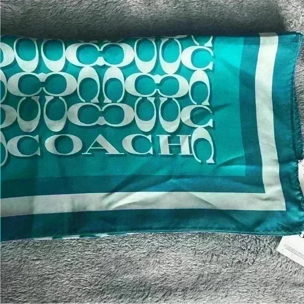Coach Signature Print Silk Square Scarf in Bright Turquoise NWT